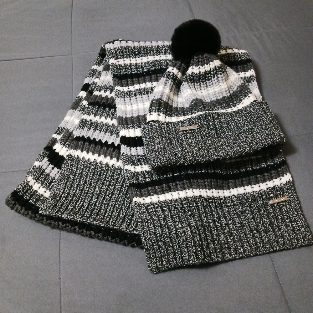 Michael Kors Collection Striped Knit Hat and Scarf Set